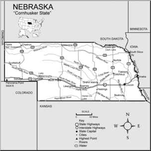 Clip Art: US State Maps: Nebraska Grayscale Detailed