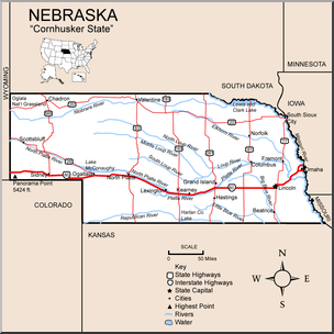 Clip Art: US State Maps: Nebraska Color Detailed