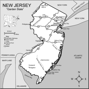 Clip Art: US State Maps: New Jersey Grayscale Detailed