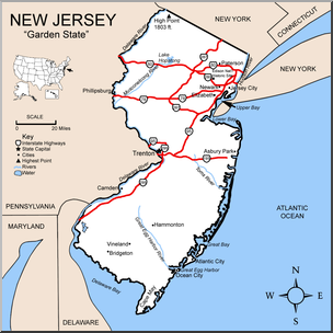Clip Art: US State Maps: New Jersey Color Detailed