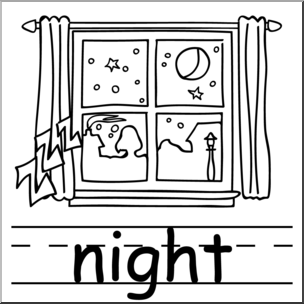 Clip Art: Basic Words: Night B&W Labeled