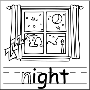 Clip Art: Basic Words: -ight Phonics: Night B&W