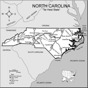 Clip Art: US State Maps: North Carolina Grayscale Detailed