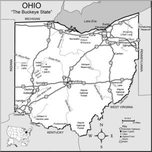 Clip Art: US State Maps: Ohio Grayscale Detailed