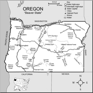Clip Art: US State Maps: Oregon Grayscale Detailed