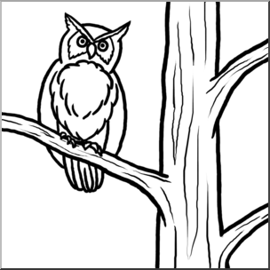 Clip Art: Owl in Tree B&W
