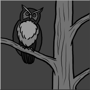 Clip Art: Owl in Tree Grayscale