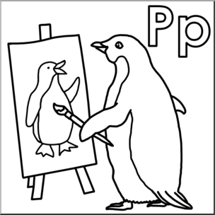 Clip Art: Alphabet Animals: P – Penguin Paints a Picture (B&W)