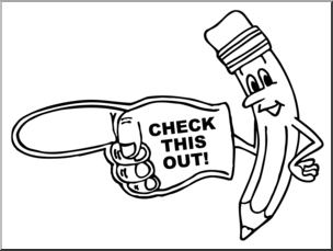 Clip Art: Cartoon Pencil w/ Big Foam Hand Pointing Left B&W