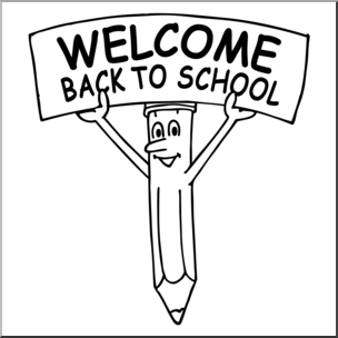 Clip Art: Cartoon Pencil w/ Welcome Back To School Sign B&W