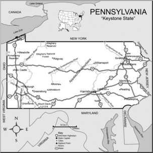 Clip Art: US State Maps: Pennsylvania Grayscale Detailed