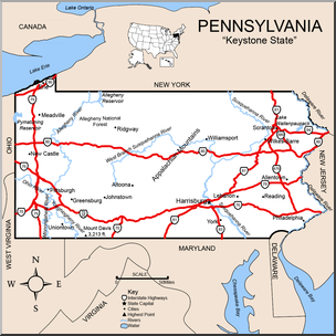 Clip Art: US State Maps: Pennsylvania Color Detailed