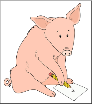 Clip Art: Cartoon Pig with Pencil and Paper Color