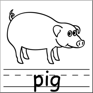 Clip Art: Basic Words: Pig B&W Labeled