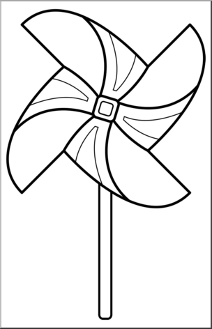 Clip Art: Pinwheel: 4 Blades 3 w/Stick B&W