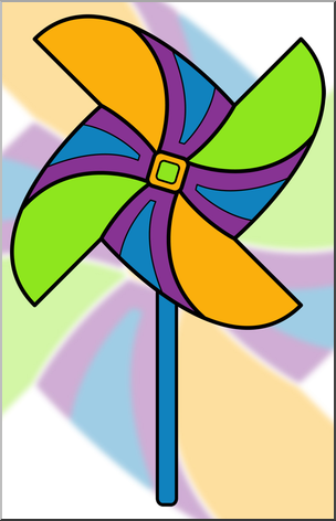 Clip Art: Pinwheel: 4 Blades 3 w/Stick Color 1
