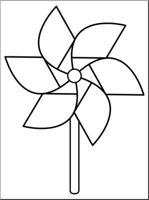 Clip Art: Pinwheel: 6 Blades 1 w/Stick B&W