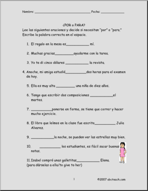 Spanish: “Por” o “Para”: Completa las frases. (secundaria)