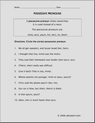 Possessive Pronouns (elem) Rules and Practice