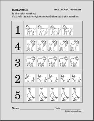 Worksheet: Farm Animals – Color the Number (preschool/primary)