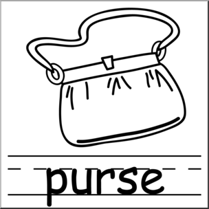 Clip Art: Basic Words: Purse B&W Labeled