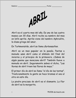 Spanish: ComprensiÃ›n de lectura – Abril (elementaria)