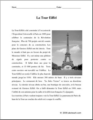 French: ComprÃˆhension de lecture n/bÃ³la Tour Eiffel