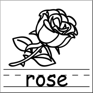 Clip Art: Basic Words: Rose B&W Labeled