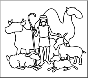Clip Art: Religious: Shepherd & Animals B&W