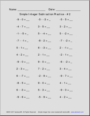 Simple Integer Subtraction Practice Pack (includes negative integers)