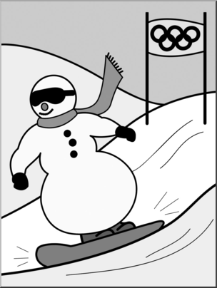 Clip Art: Cartoon Olympics: Snowman Snowboarding Grayscale