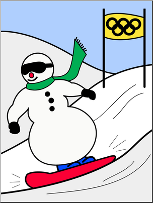 Clip Art: Cartoon Olympics: Snowman Snow Boarding Color