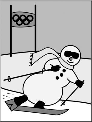 Clip Art: Cartoon Olympics: Snowman Skiing Grayscale