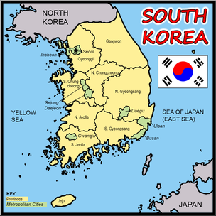 Clip Art: South Korea Map (Color) Labeled