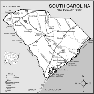 Clip Art: US State Maps: South Carolina Grayscale Detailed