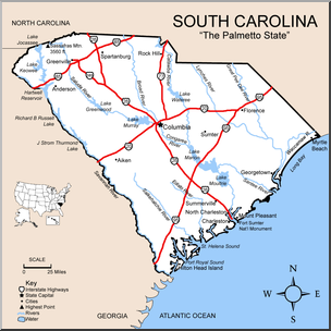 Clip Art: US State Maps: South Carolina Color Detailed