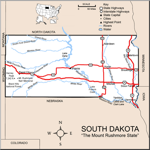 Clip Art: US State Maps: South Dakota Color Detailed