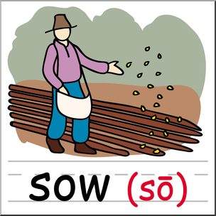 Clip Art: Basic Words: Sow 1 Color Labeled