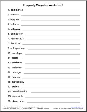 Frequently Misspelled Words (list 1) Spelling Set