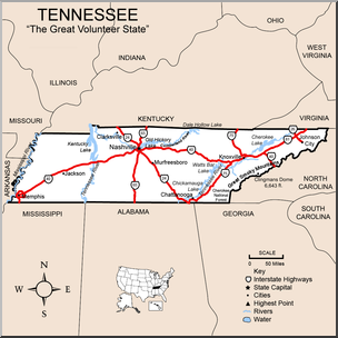 Clip Art: US State Maps: Tennessee Color Detailed