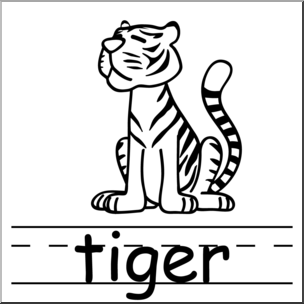 Clip Art: Basic Words: Tiger B&W Labeled