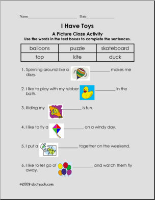 Picture Cloze – Toys (elem)’ Worksheet