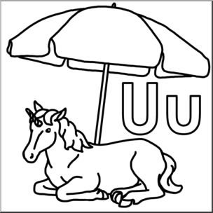 Clip Art: Alphabet Animals: U – Unicorn Uses an Umbrella (B&W)