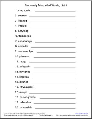 Frequently Misspelled Words (list 1) Unscramble the Words