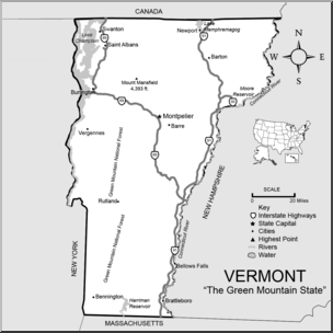 Clip Art: US State Maps: Vermont Grayscale Detailed