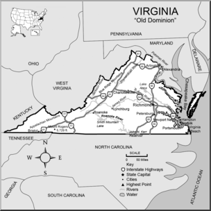 Clip Art: US State Maps: Virginia B&W Detailed
