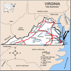 Clip Art: US State Maps: Virginia Color Detailed