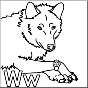 Clip Art: Alphabet Animals: W – Wolf Wears a Watch (B&W)