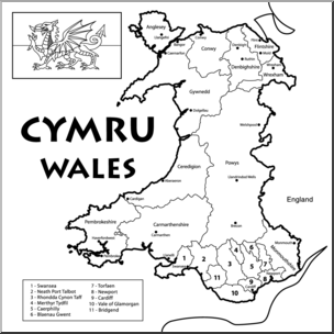 Clip Art: Wales Map B&W Labeled
