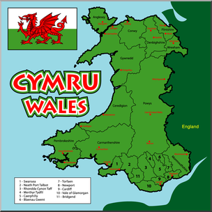 Clip Art: Wales Map Color Labeled